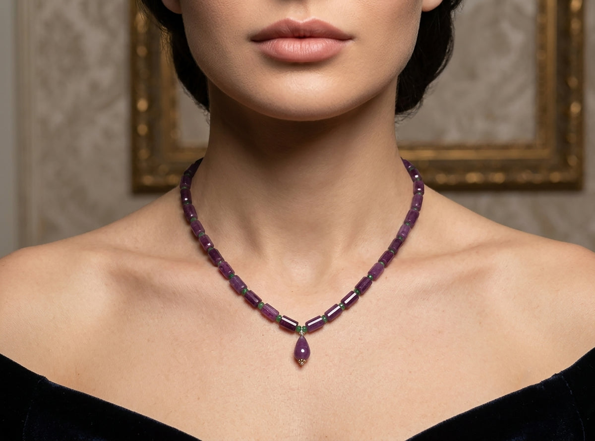 Ruby, Emerald Gemstone Fancy Cut Necklace: 24.80gms Natural Untreated Pencil Necklace 7*3.5mm - 9*4.45mm 18.5" (With Video)