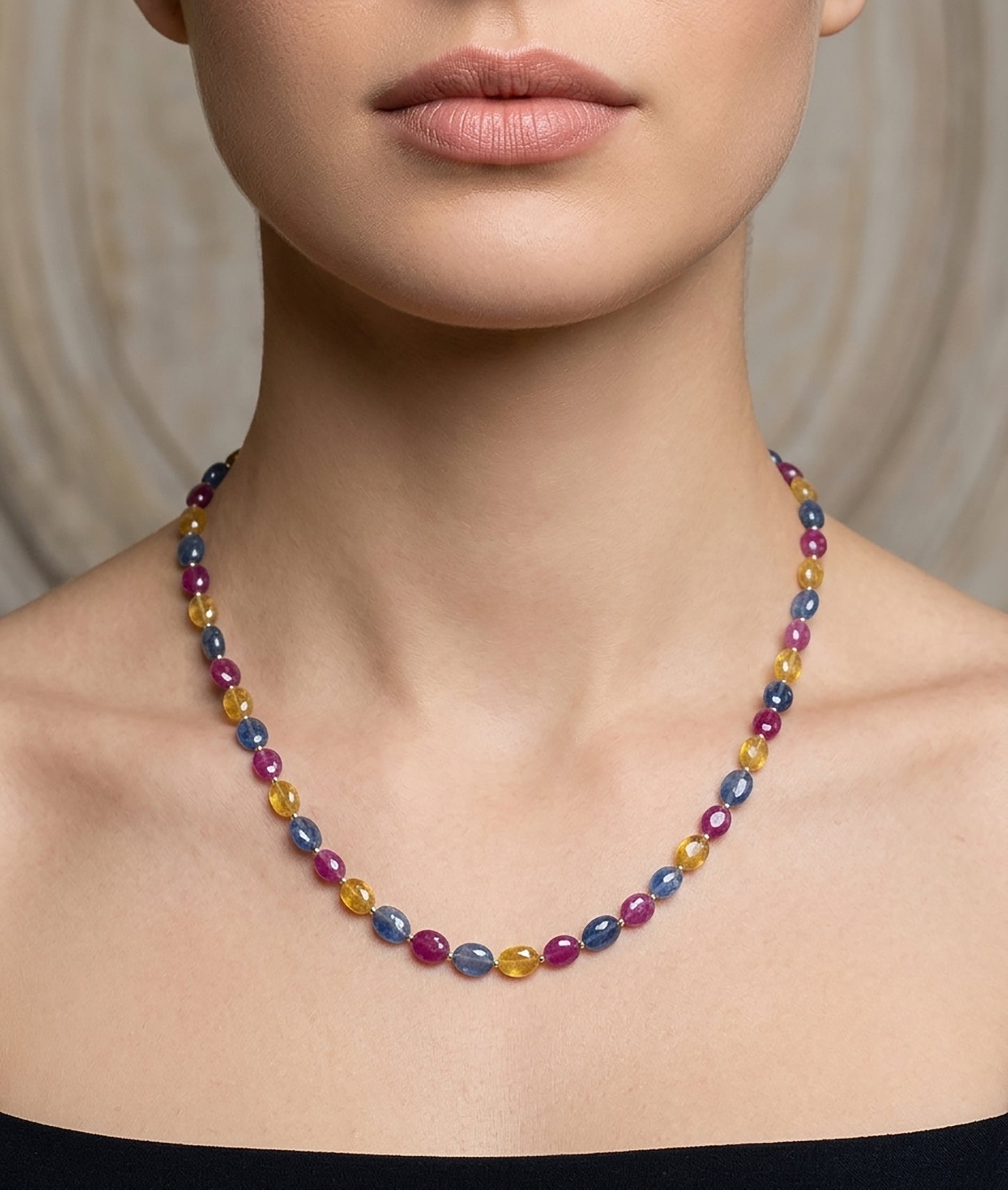 Multi Sapphire, Ruby Gemstone Beads Necklace: 17.71gms Natural Oval Plain 925 Sterling Silver 5*4mm - 8*5mm 18"