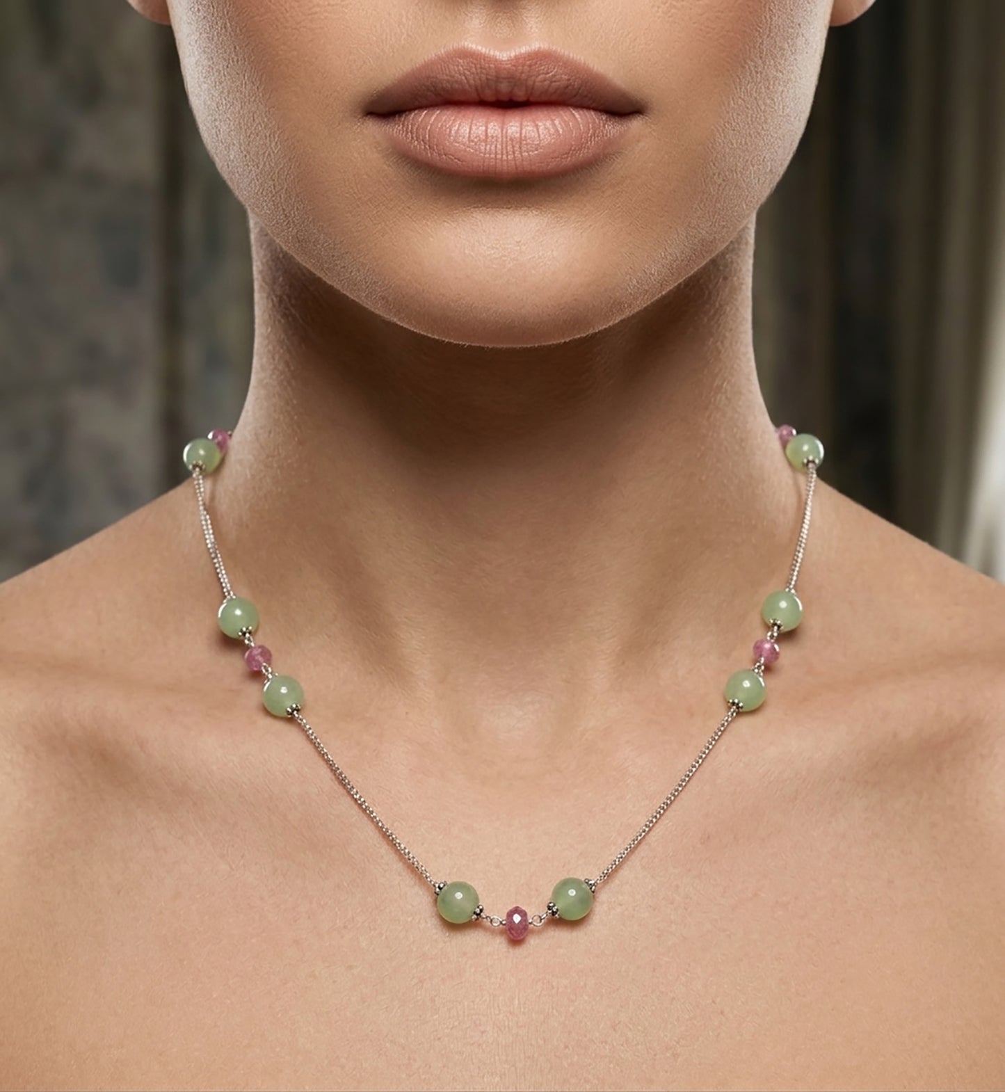 Green SERPENTINE & Pink SAPPHIRE Gemstones Beads Chain NECKLACE : 925 Sterling Silver Natural Round Cabochon 16" Statement Necklace