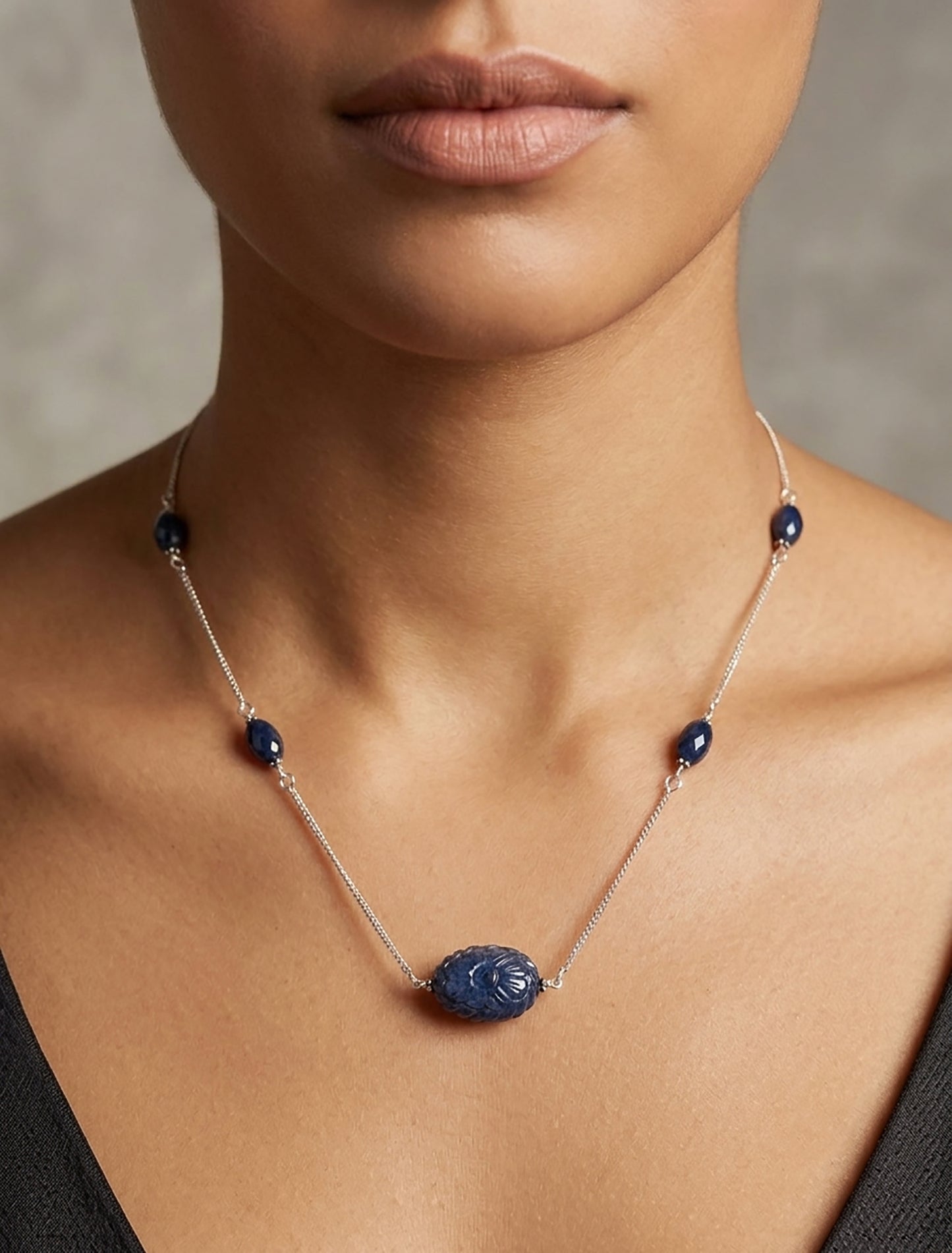 BLUE SAPPHIRE Gemstone Beads Chain Necklace : 925 Sterling Silver Natural Blue Sapphire Hand Carved Pendant 18" Necklace