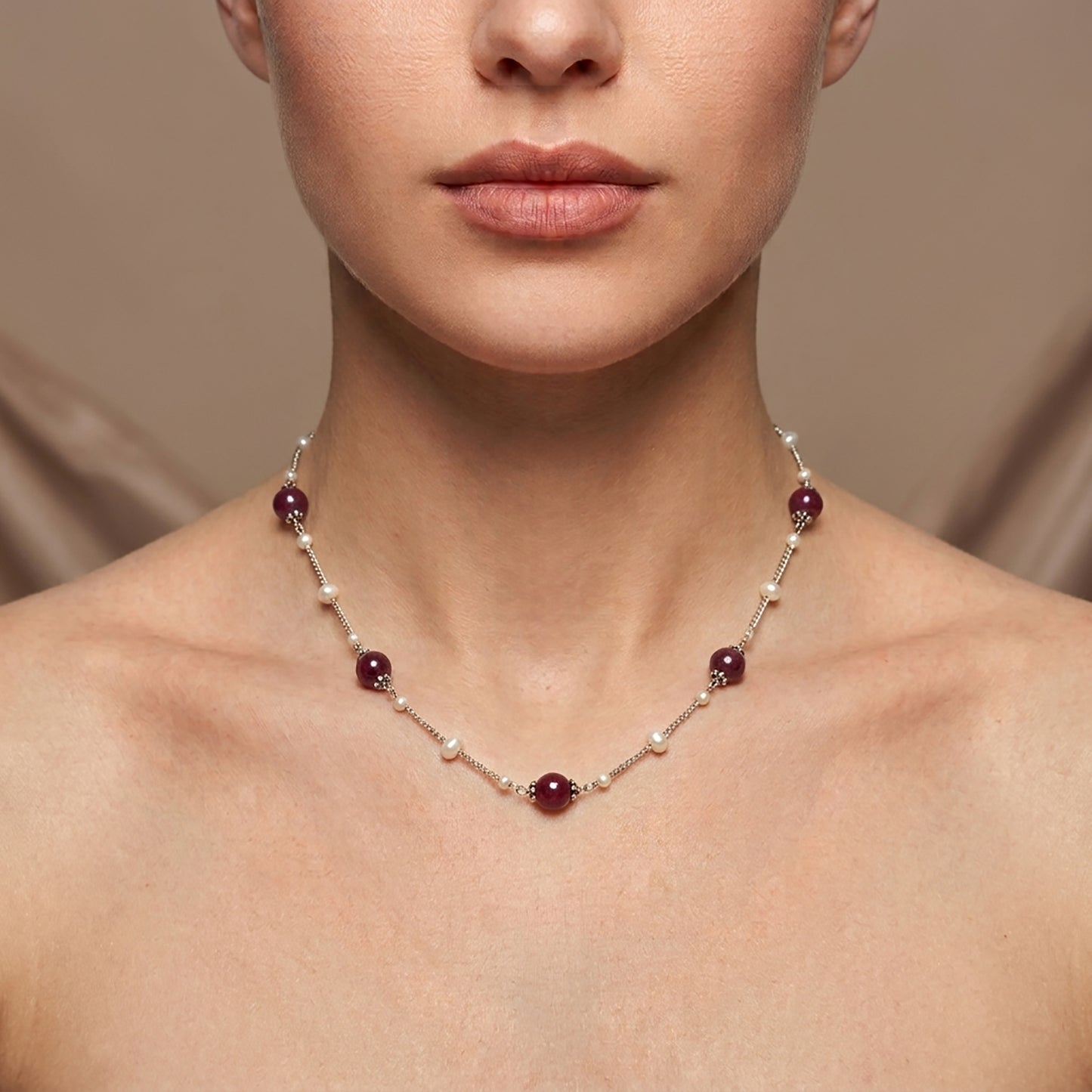 RUBY Gemstone Beaded NECKLACE : 10.52gms Natural Untreated Plain Round Shape Ruby & Pearl With 925 Sterling Silver 19"