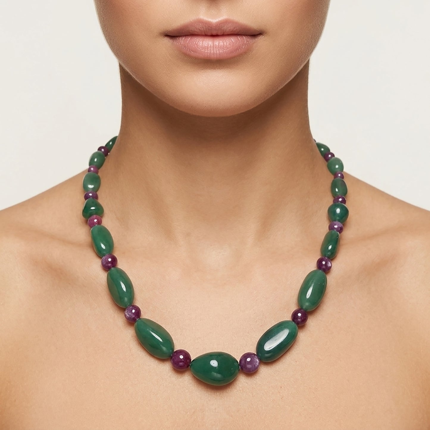 Green QUARTZITE Raspberry SAPPHIRE Gemstone Beads NECKLACE :52.97gms Natural Quartzite Uneven Plain Necklace 11*7mm-24*15mm 17" (With Video)