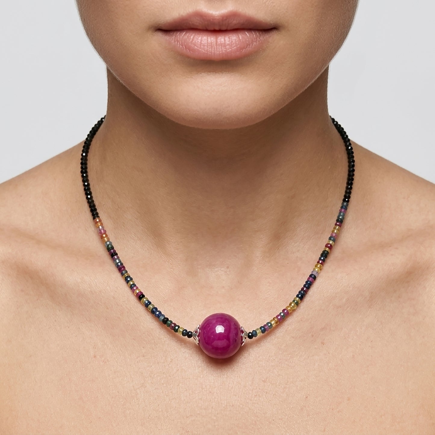 925 Sterling Silver Gemstone Beads Necklace : 17" Natural Multi Sapphire Ruby Ball Pendant Bead Chain Necklace Gift For Her
