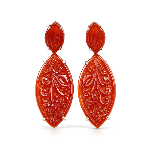 Orange Onyx Carving Silver Earring: 12.72gms Natural Onyx Gemstone Marquise Shape Hand Carved 925 Sterling Silver Prong Set Stud Push Back Earring 2.00"