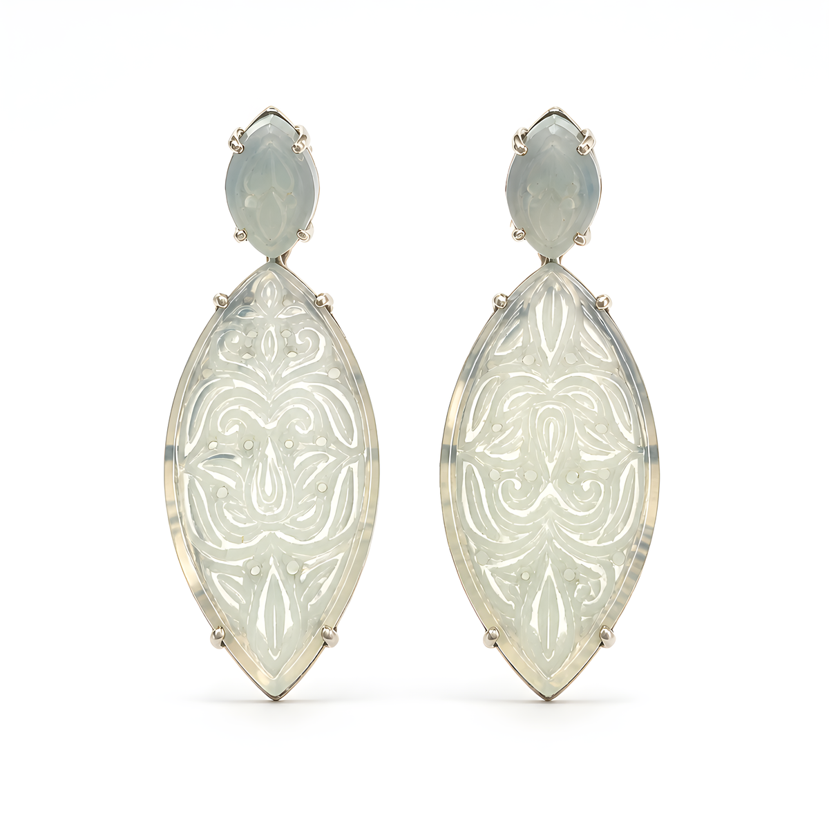 Milky Onyx Carving Silver Earring: 13.16gms Natural Onyx Gemstone Marquise Shape Hand Carved 925 Sterling Silver Prong Set Stud Push Back Earring 2.00"