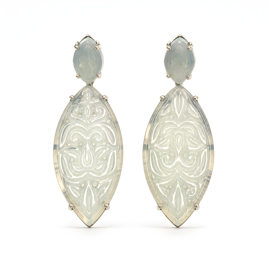 Milky Onyx Carving Silver Earring: 13.16gms Natural Onyx Gemstone Marquise Shape Hand Carved 925 Sterling Silver Prong Set Stud Push Back Earring 2.00"