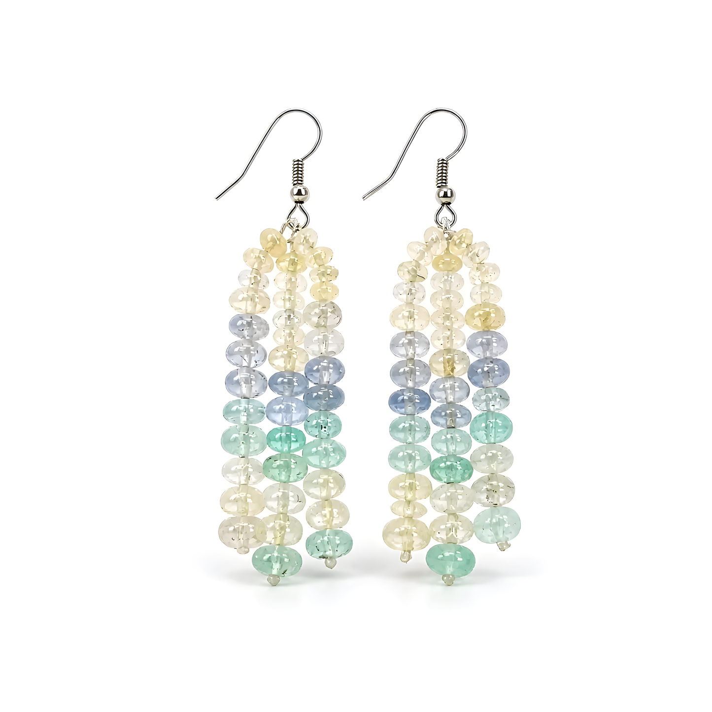 Blue Yellow SAPPHIRE & Emerald Gemstone Earring: 86.15gms Natural Sapphire 925 Sterling Silver Round Beaded Earring 2.5"