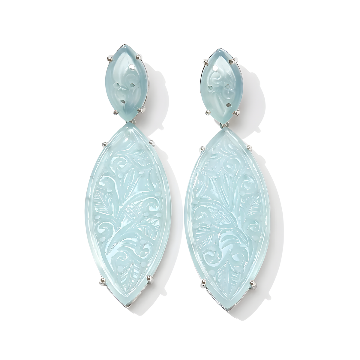 Blue Onyx Carving Silver Earring: 15.91gms Natural Onyx Gemstone Marquise Shape Hand Carved 925 Sterling Silver Prong Set Stud Push Back Earring 2.50"