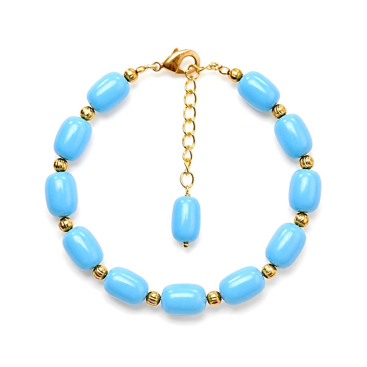 63.75cts Blue Synthetic Turquoise Plain Beads Baguette Brass Bracelet 10mm 7"