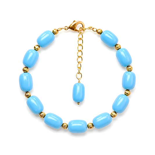 63.75cts Blue Synthetic Turquoise Plain Beads Baguette Brass Bracelet 10mm 7"