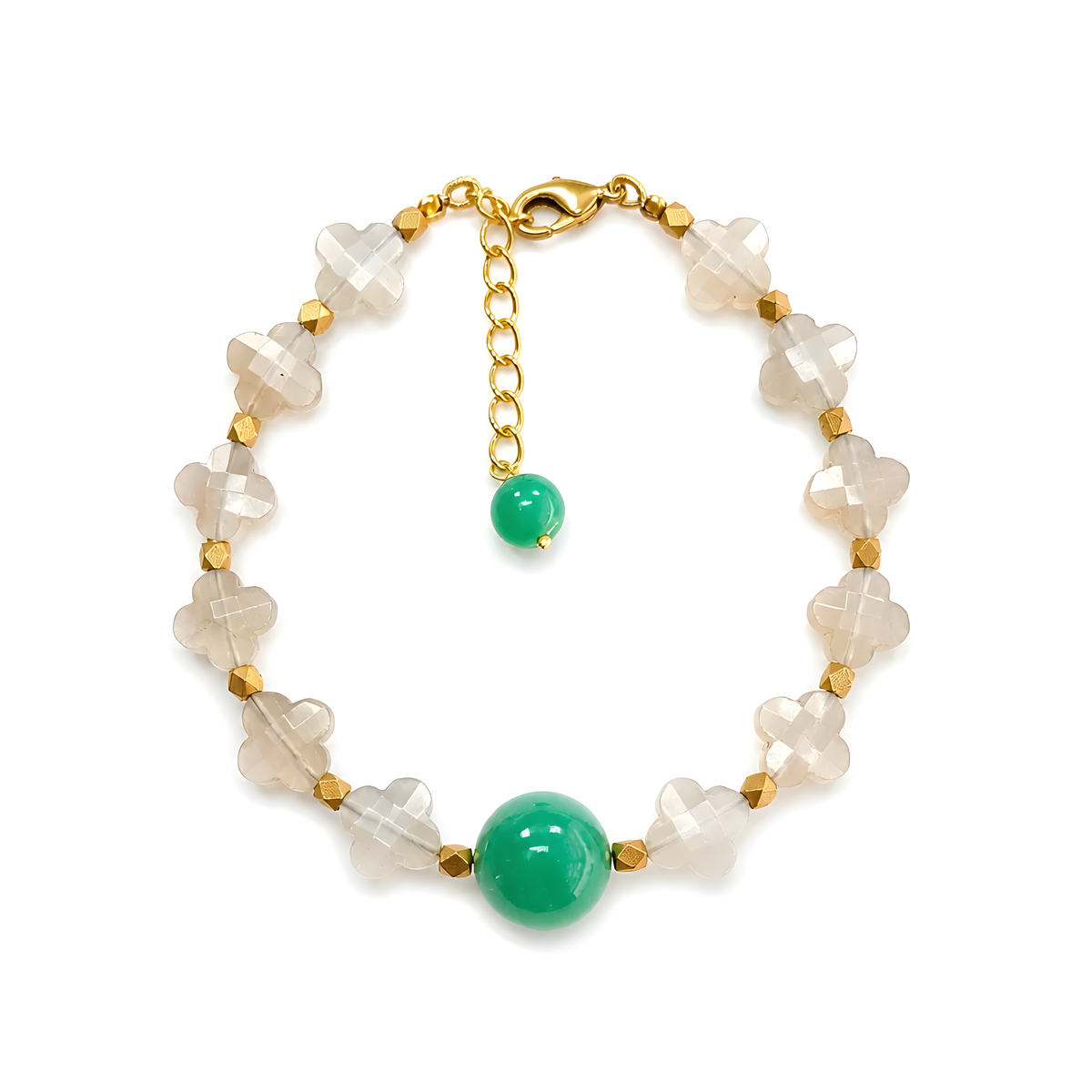 59.65cts Natural Gray Moonstone, Chrysoprase Checker Cut Beads Brass Bracelet 6.70"