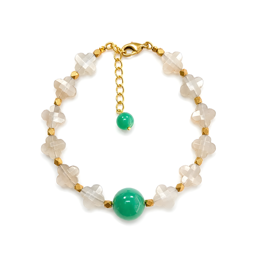 59.65cts Natural Gray Moonstone, Chrysoprase Checker Cut Beads Brass Bracelet 6.70"