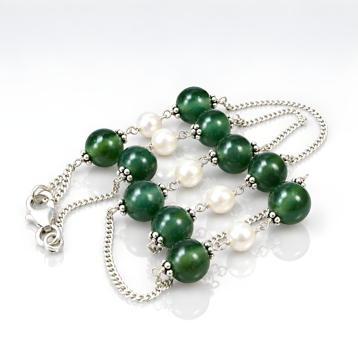 Serpentine, Pearl Gemstone Silver Beads Necklace