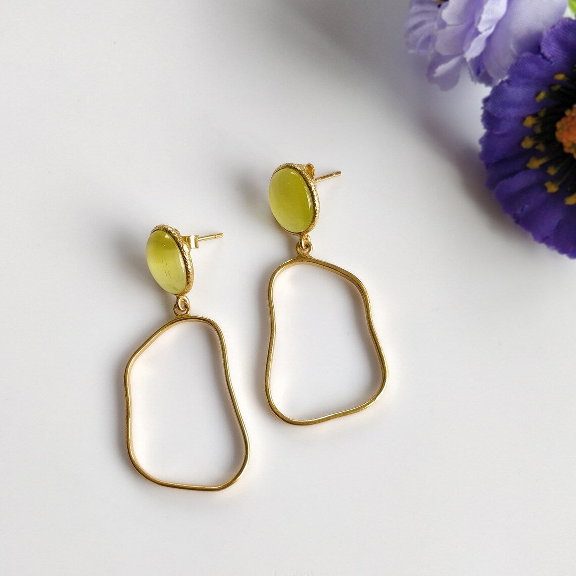 Yellow Cat's Eye Gemstone Earring : 1.75" Handmade Brass 18k Gold Plated 6.00gms Bezel Setting Drop Dangle Push Back Earring