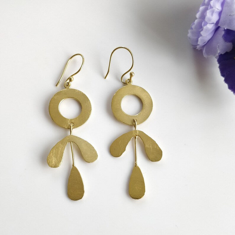 Handmade Brass Earring : 3"*1"" 18k Gold Plated 7.86gms Brass Boho Style Leaf Design Drop Dangle Hook Earring Gift For Her