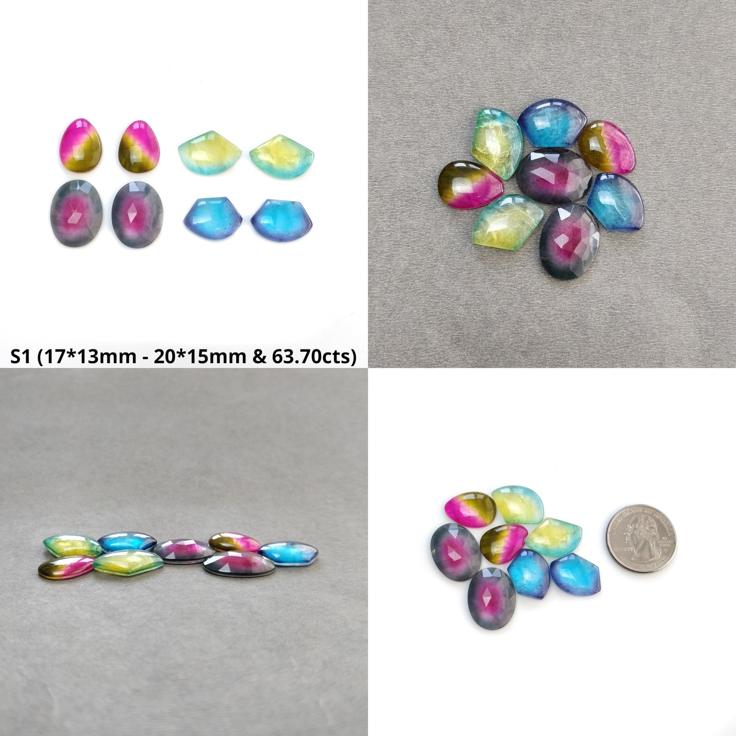 Quartz Doublet Gemstone Cabochon & Rose Cut : Natural Crystal Quartz Oval Pear Uneven Shape 8pcs Set