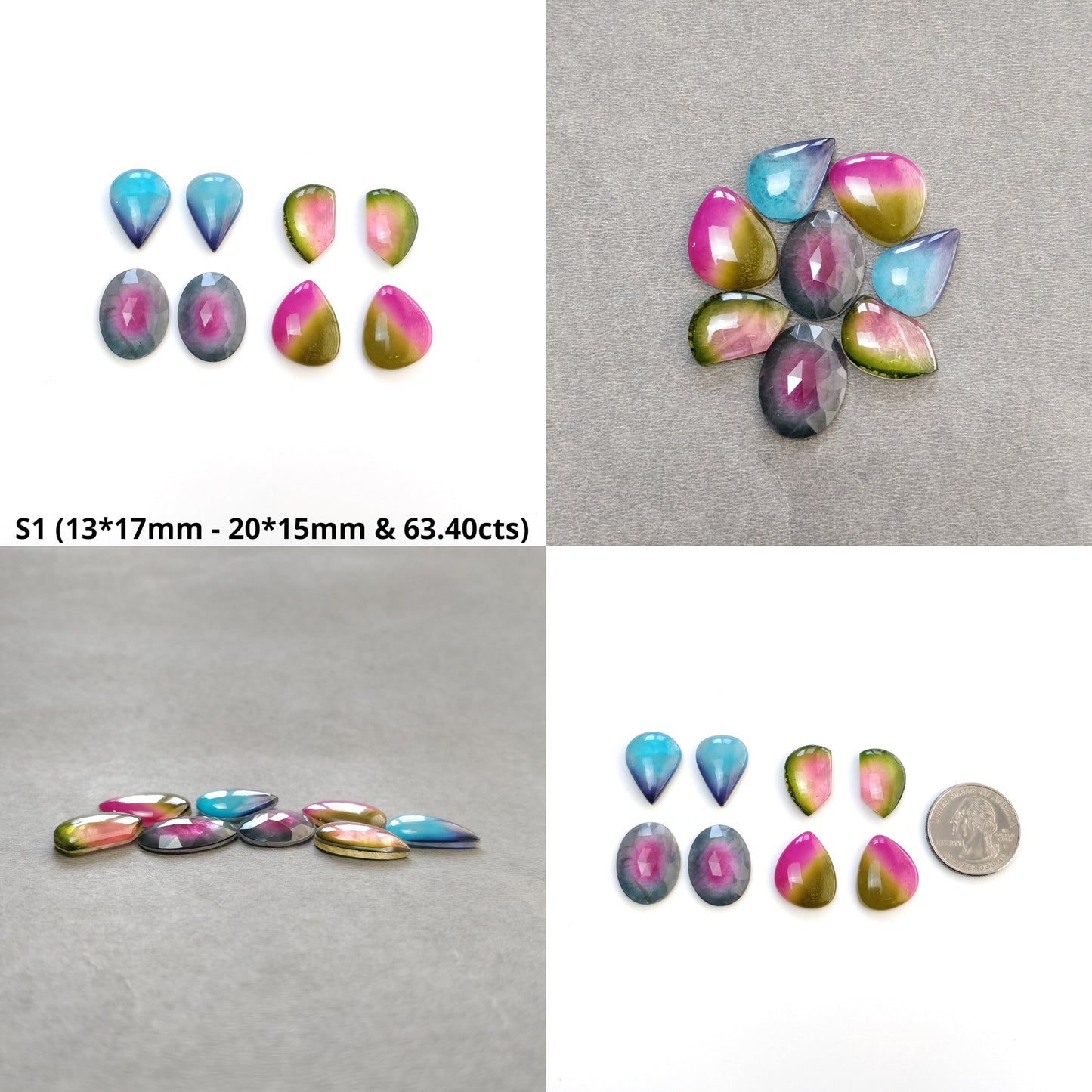 Quartz Doublet Gemstone Cabochon & Rose Cut : Natural Crystal Quartz Oval Pear Uneven Shape 8pcs Set