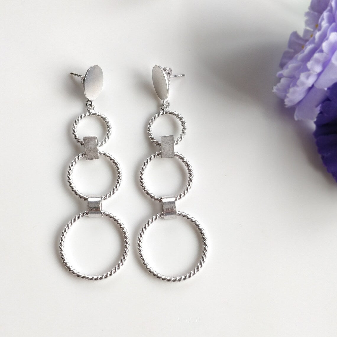 Handmade Brass Earring : 3.00" Silver Plated 8.00gms Brass Boho Style Twisted Wire Hoop Design Drop Dangle Push Back Earring Gift For Her