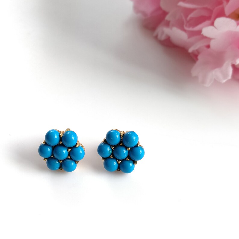 Turquoise Gemstone Brass Earring : 0.50" Handmade 18k Gold Plated 3.00GMS Brass Boho Style Round Stud Push Back Earring Gift For Her