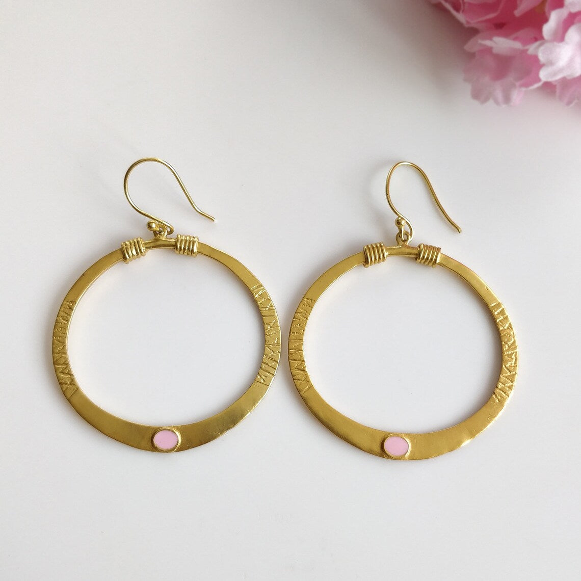 Handmade Brass Earring : 2.25" 18k Gold Plated 10.50gms Pink Enamel Brass Boho Style Hoop Drop Dangle Hook Earring Gift For Her