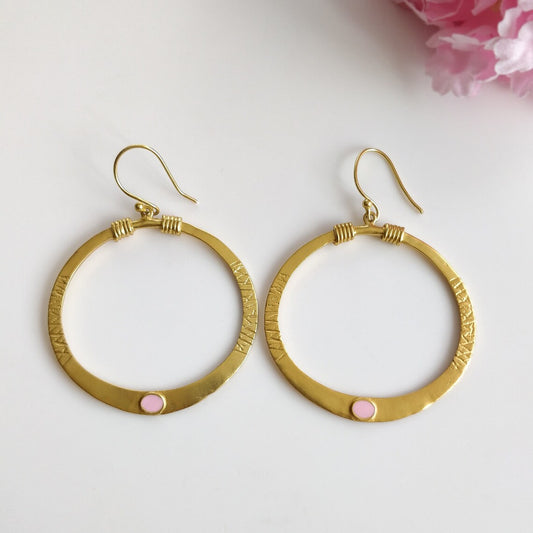 Handmade Brass Earring : 2.25" 18k Gold Plated 10.50gms Pink Enamel Brass Boho Style Hoop Drop Dangle Hook Earring Gift For Her
