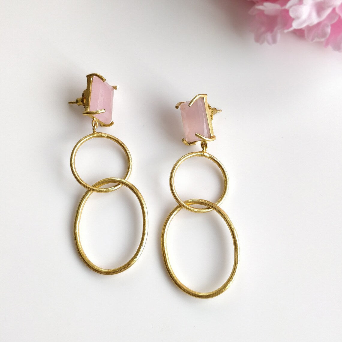 Pink Quartz Gemstone Earring : 2.75" Handmade Brass 18k Gold Plated 12.50gms Oval Round Prong Setting Drop Dangle Push Back Earring
