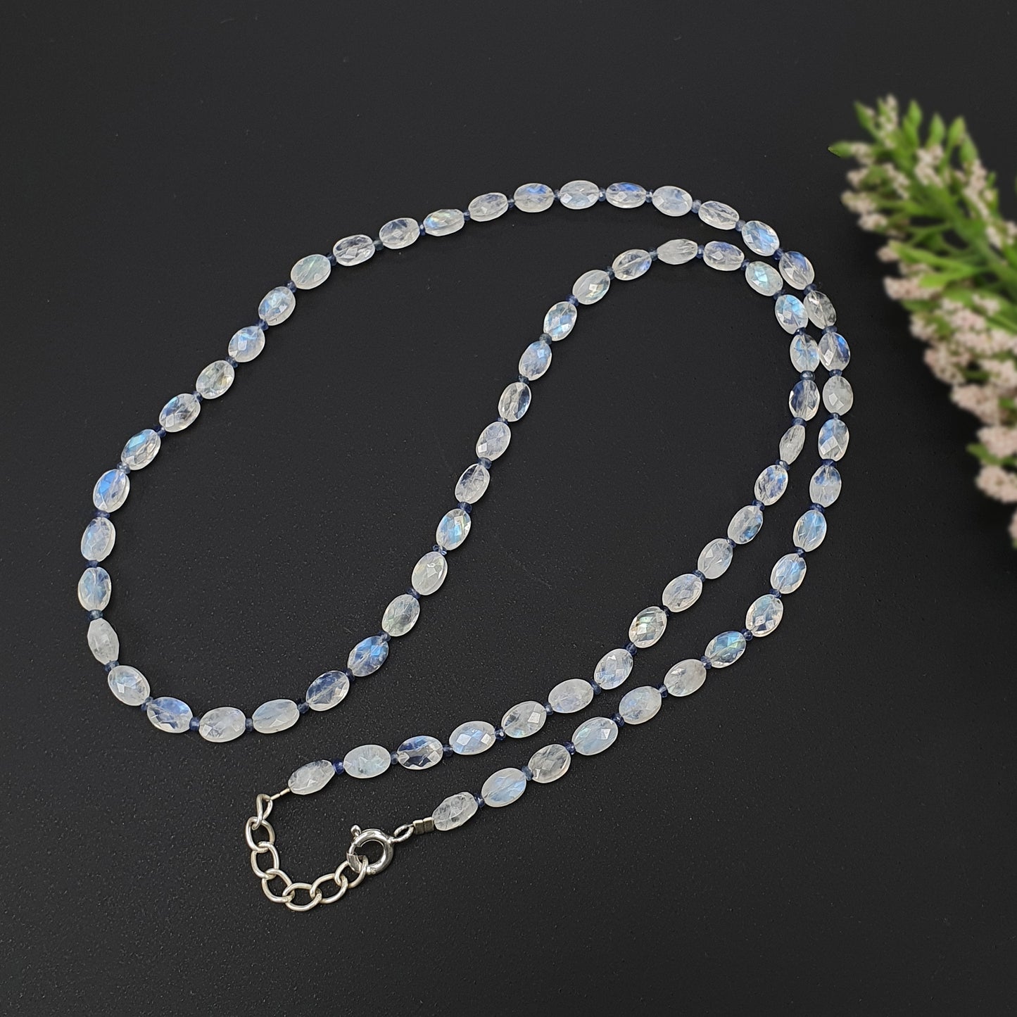 Rainbow Moonstone & Blue Sapphire Beads Necklace: 48.05cts Natural Untreated With 925 Sterling Silver Faceted Necklace 6*4mm 21.50"