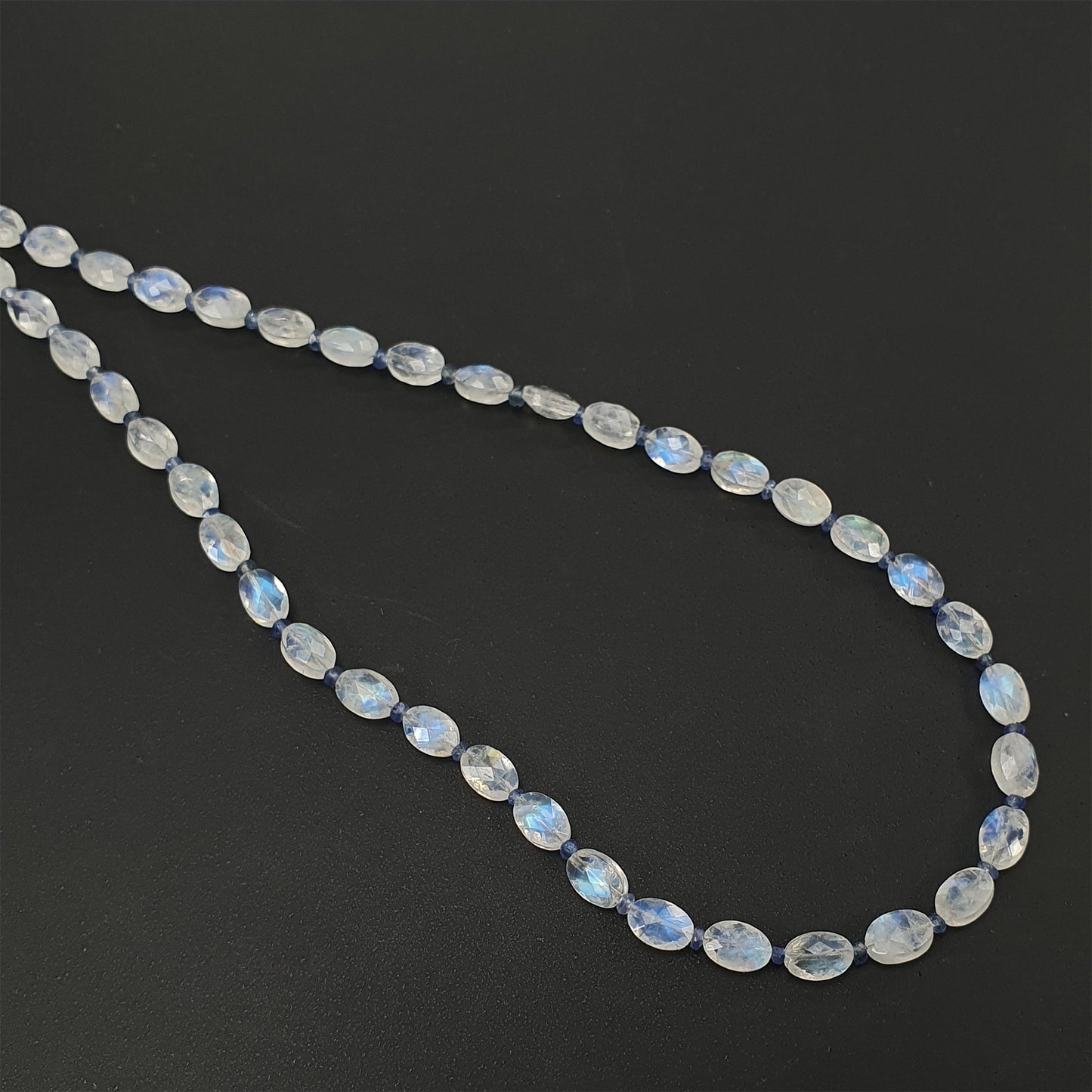 Rainbow Moonstone & Blue Sapphire Beads Necklace: 48.05cts Natural Untreated With 925 Sterling Silver Faceted Necklace 6*4mm 21.50"