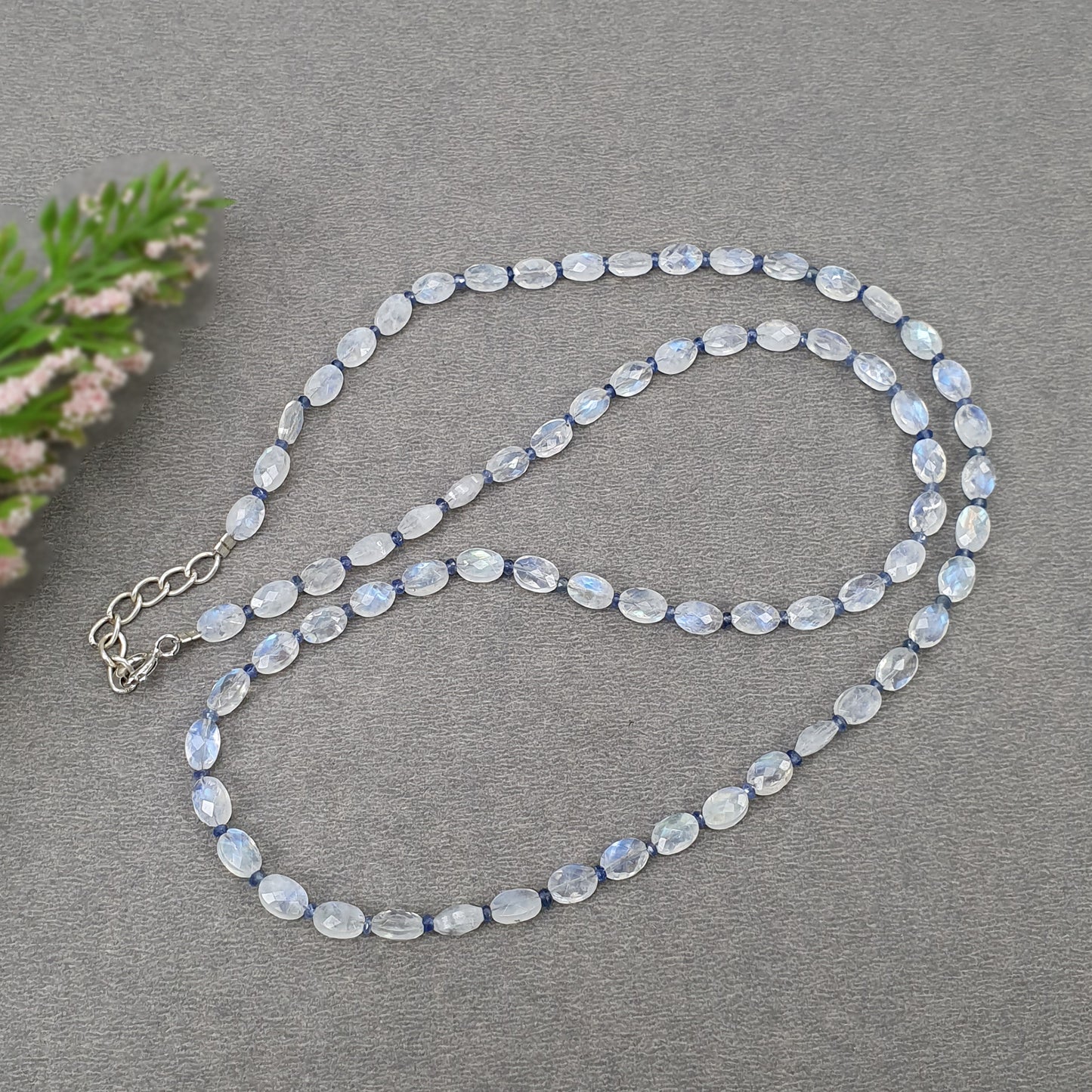 Rainbow Moonstone & Blue Sapphire Beads Necklace: 48.05cts Natural Untreated With 925 Sterling Silver Faceted Necklace 6*4mm 21.50"