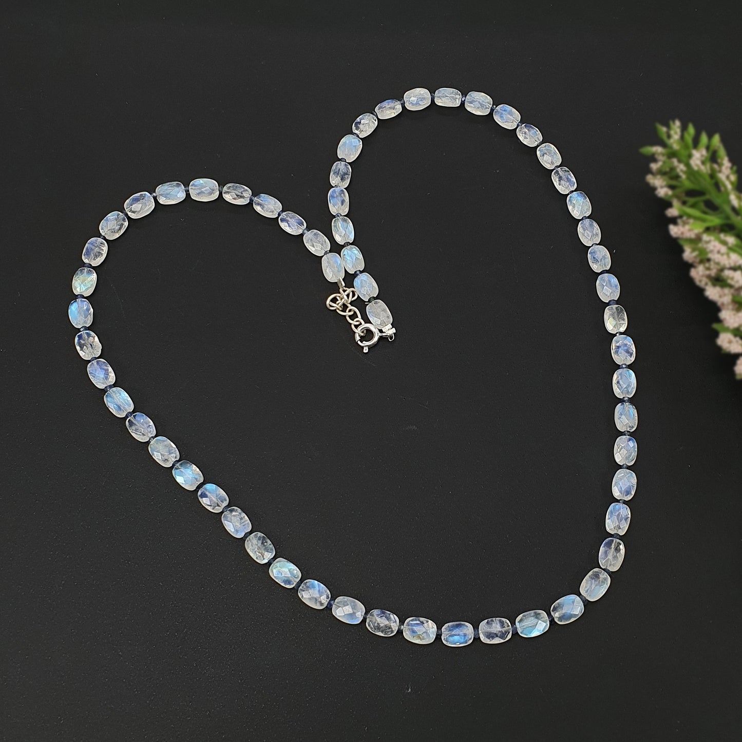 Rainbow Moonstone & Blue Sapphire Beads Necklace : 67.45cts Natural Untreated With 925 Sterling Silver Faceted Necklace 7*5mm 20"