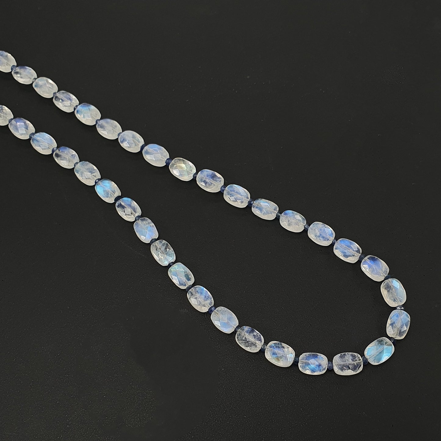 Rainbow Moonstone & Blue Sapphire Beads Necklace : 67.45cts Natural Untreated With 925 Sterling Silver Faceted Necklace 7*5mm 20"
