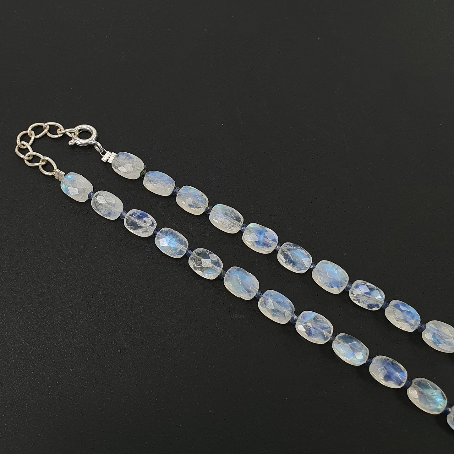 Rainbow Moonstone & Blue Sapphire Beads Necklace : 67.45cts Natural Untreated With 925 Sterling Silver Faceted Necklace 7*5mm 20"