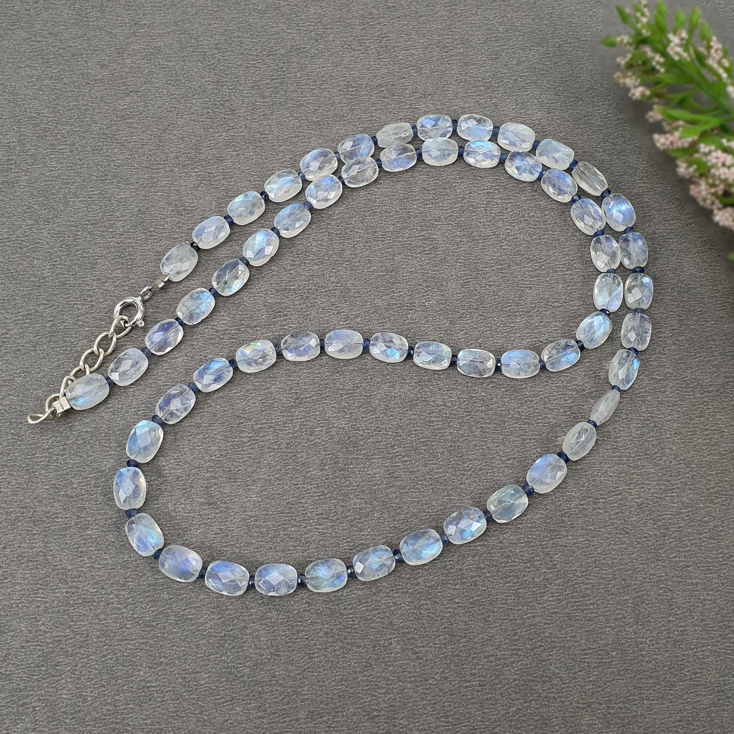 Rainbow Moonstone & Blue Sapphire Beads Necklace : 67.45cts Natural Untreated With 925 Sterling Silver Faceted Necklace 7*5mm 20"
