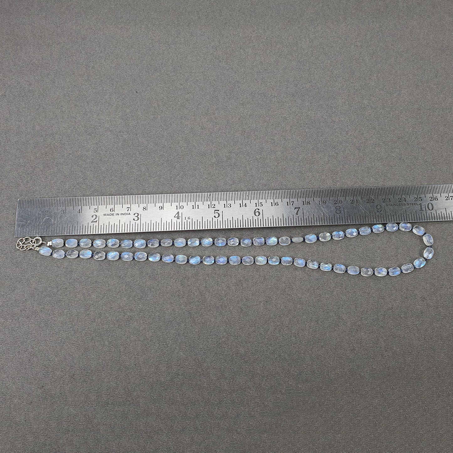 Rainbow Moonstone & Blue Sapphire Beads Necklace : 67.45cts Natural Untreated With 925 Sterling Silver Faceted Necklace 7*5mm 20"