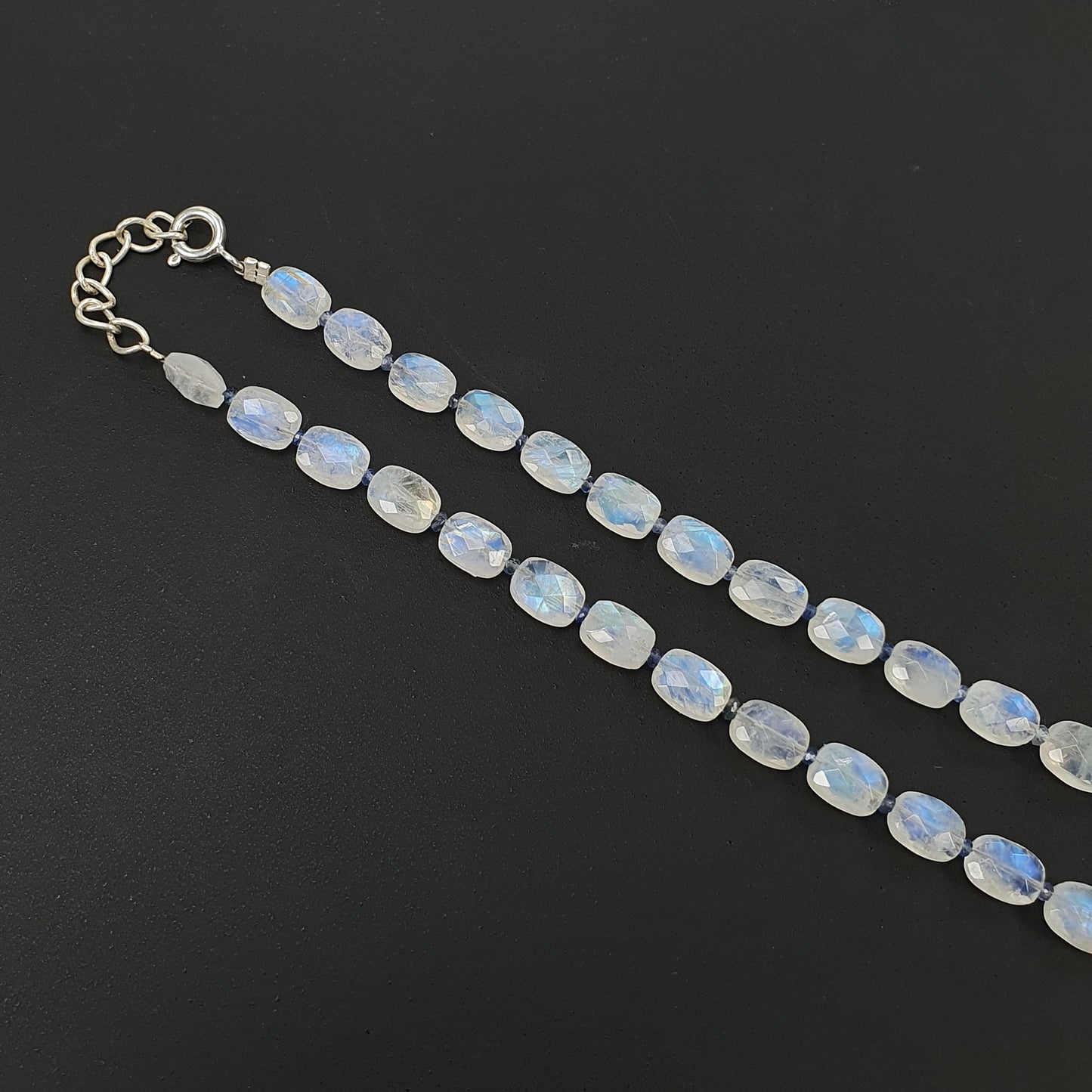 Rainbow Moonstone & Blue Sapphire Beads Necklace : 69.60cts Natural Untreated With 925 Sterling Silver Faceted Necklace 7*5mm 20.50"