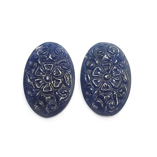 Blue Sapphire Gemstone Carving : 41.90cts Natural Untreated Unheated Blue Sapphire Hand Carved Oval Shape 27*18mm Pair