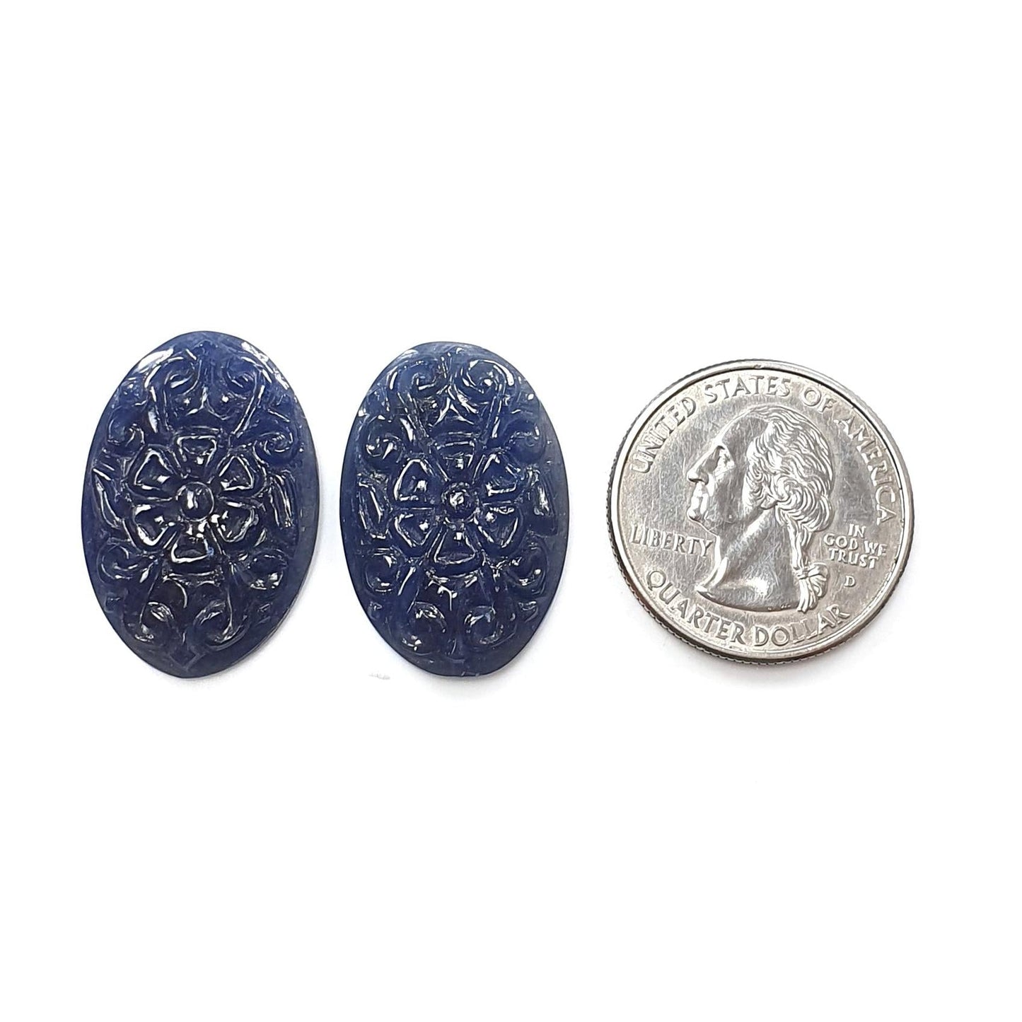 Blue Sapphire Gemstone Carving : 41.90cts Natural Untreated Unheated Blue Sapphire Hand Carved Oval Shape 27*18mm Pair