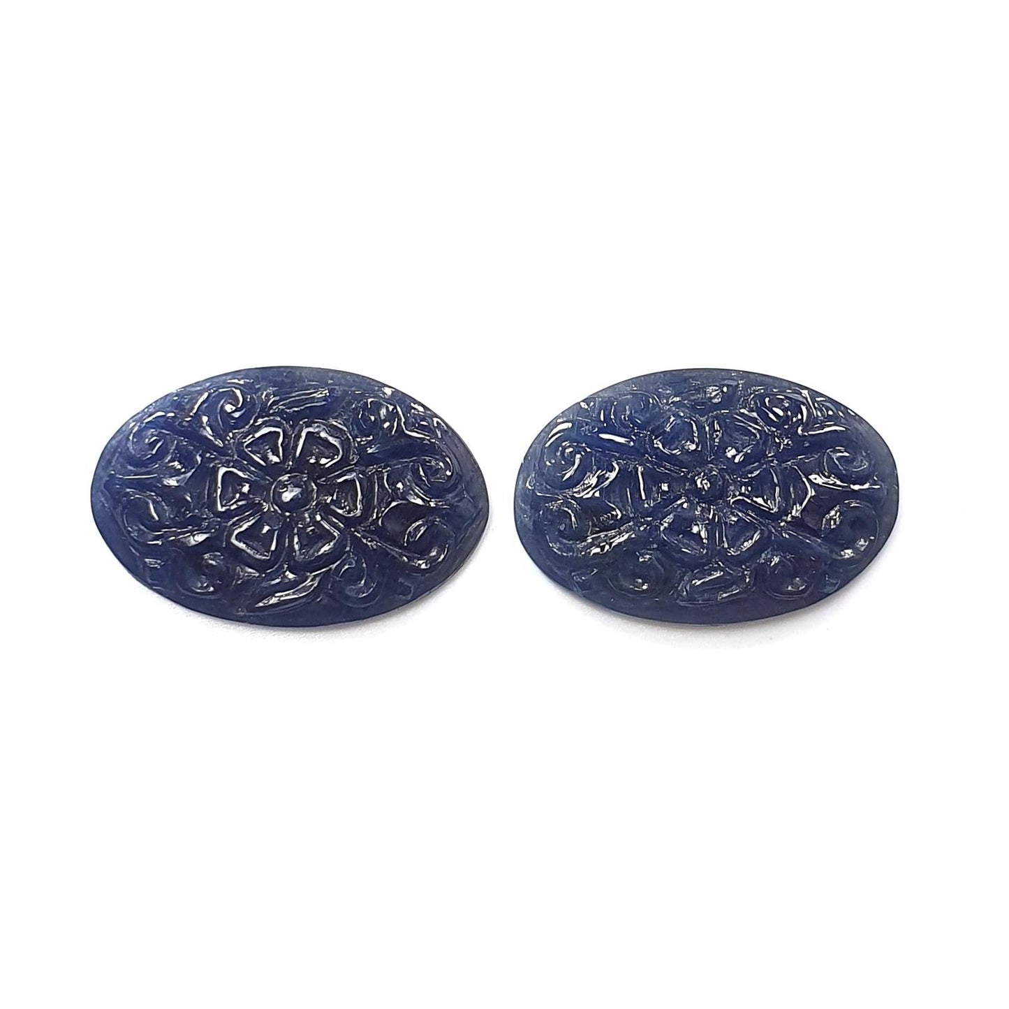 Blue Sapphire Gemstone Carving : 41.90cts Natural Untreated Unheated Blue Sapphire Hand Carved Oval Shape 27*18mm Pair