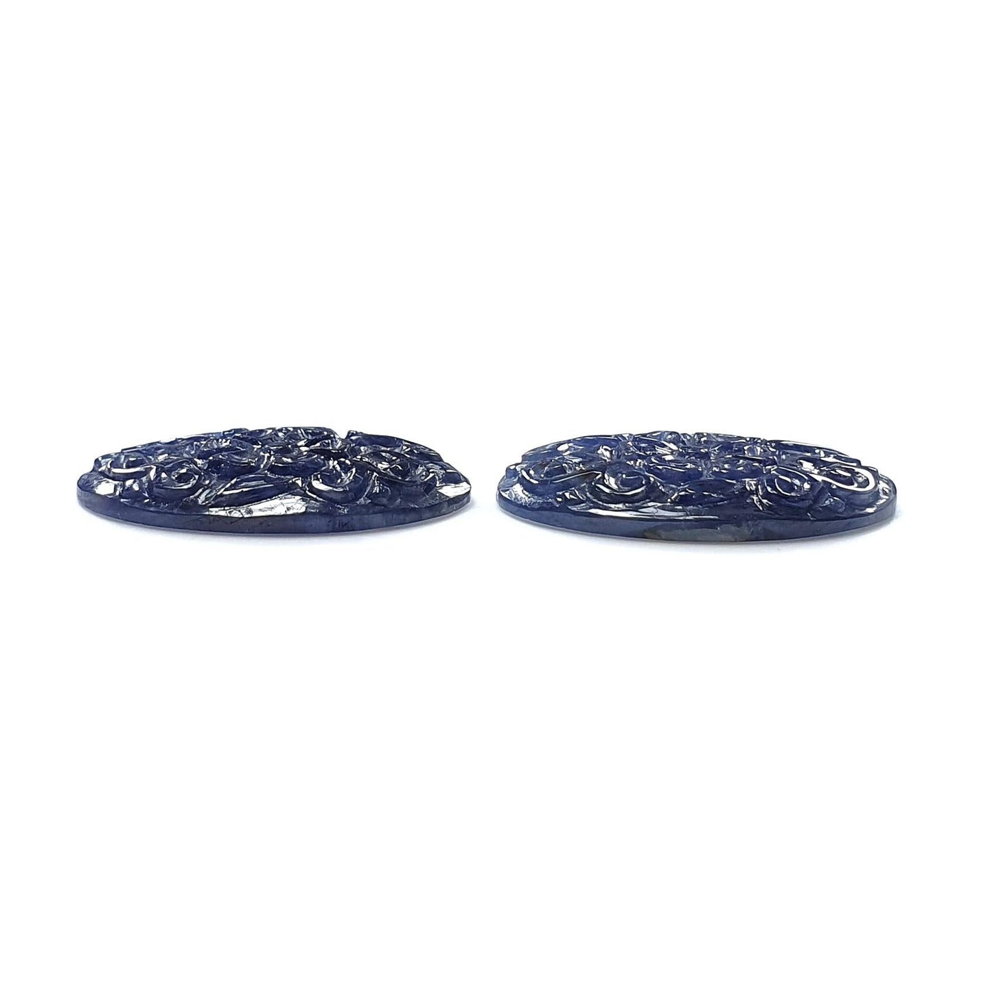 Blue Sapphire Gemstone Carving : 41.90cts Natural Untreated Unheated Blue Sapphire Hand Carved Oval Shape 27*18mm Pair