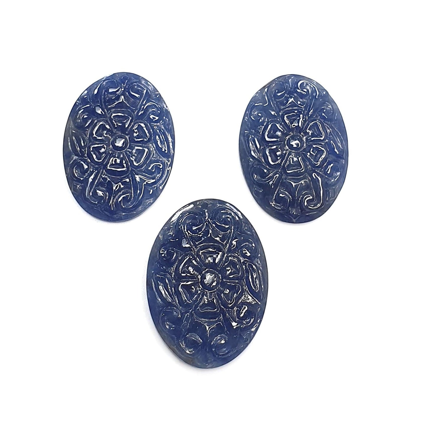 Blue Sapphire Gemstone Carving : 62.10cts Natural Untreated Unheated Blue Sapphire Hand Carved Oval Shape 27*18mm 3pcs