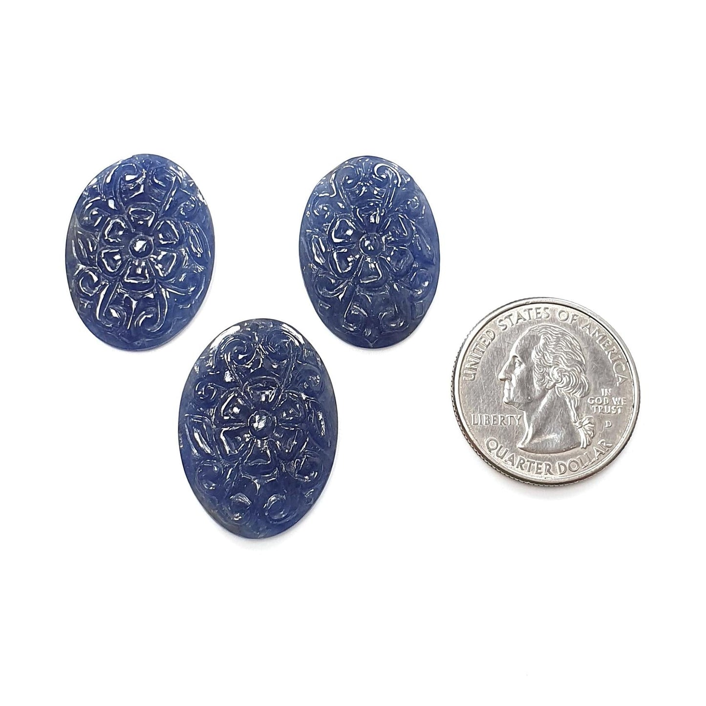 Blue Sapphire Gemstone Carving : 62.10cts Natural Untreated Unheated Blue Sapphire Hand Carved Oval Shape 27*18mm 3pcs