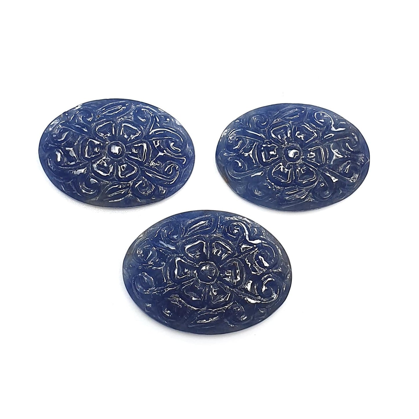 Blue Sapphire Gemstone Carving : 62.10cts Natural Untreated Unheated Blue Sapphire Hand Carved Oval Shape 27*18mm 3pcs