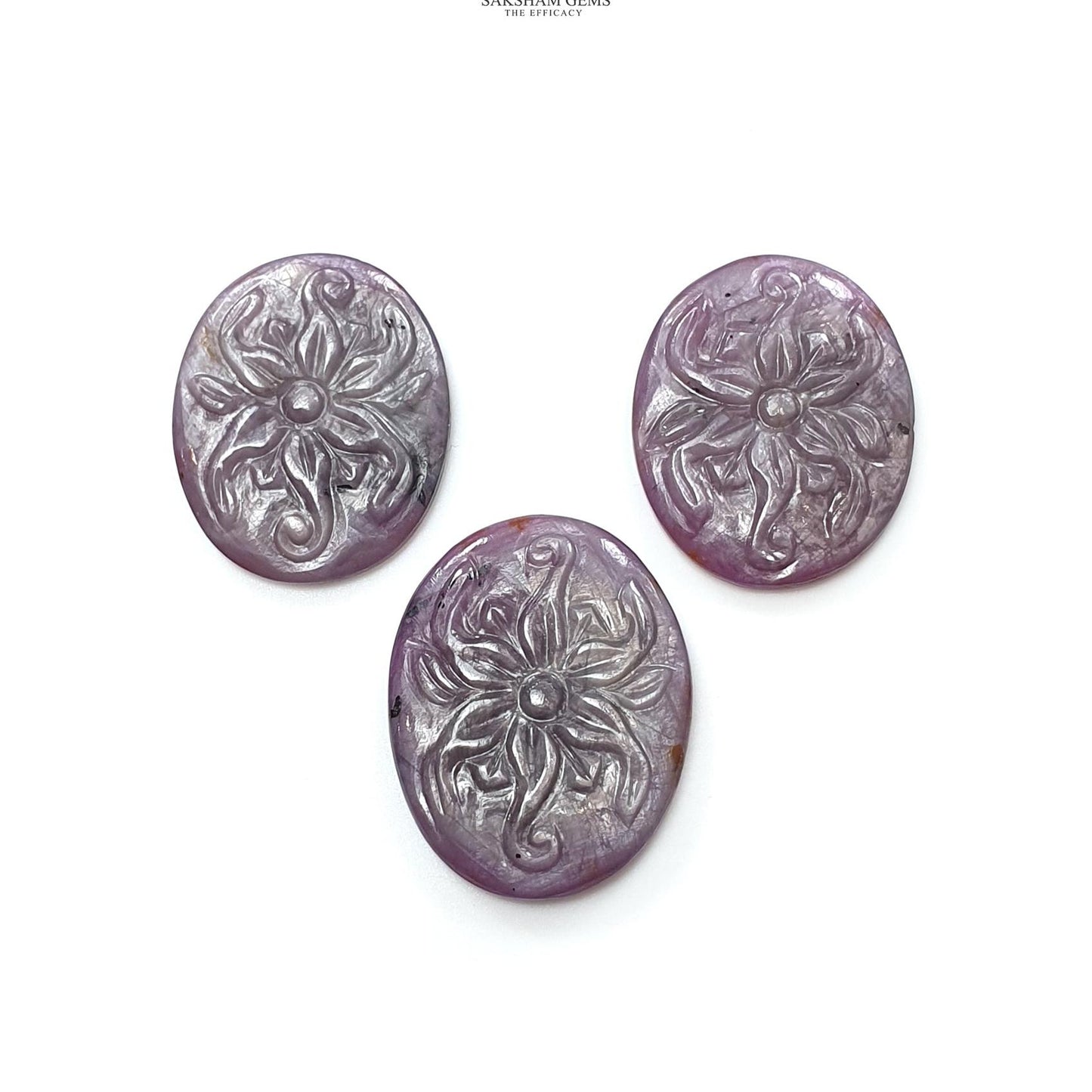 Raspberry Pink Sapphire Gemstone Carving : Natural Untreated Sapphire Hand Carved Oval Shape 3pcs Set