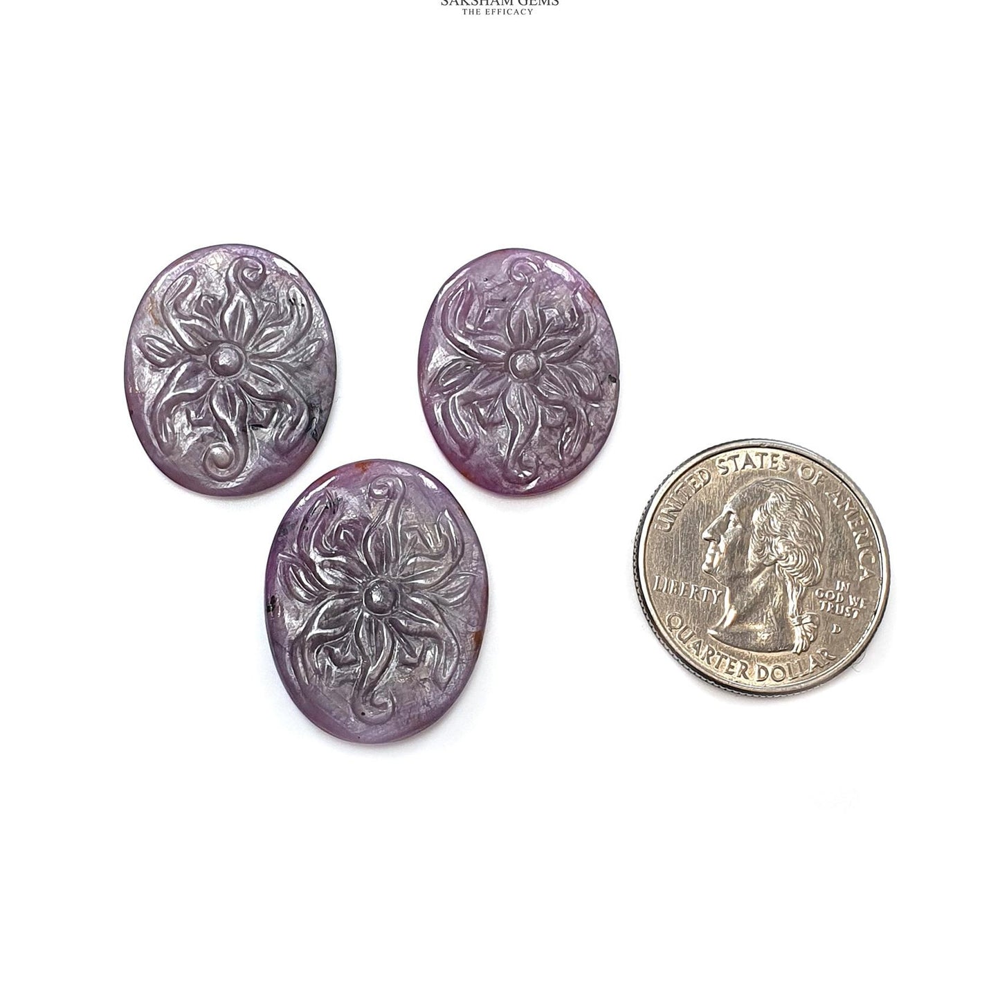 Raspberry Pink Sapphire Gemstone Carving : Natural Untreated Sapphire Hand Carved Oval Shape 3pcs Set