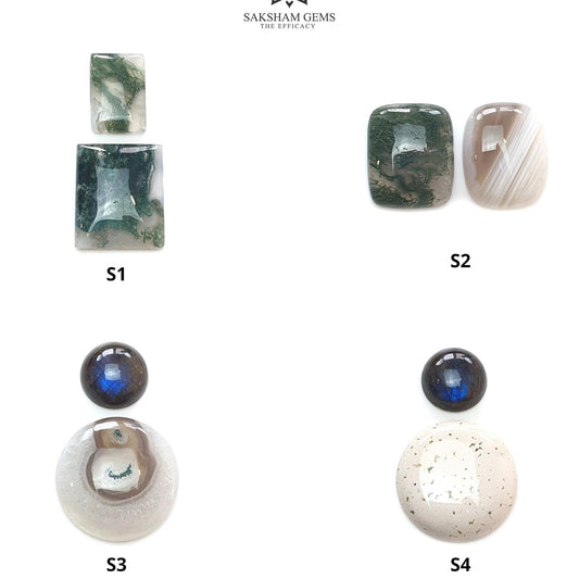 Botswana And Moss Agate Labradorite Gemstone Cabochon : Natural Untreated Bi-Color Agate Cushion Round Shape 2pcs Set