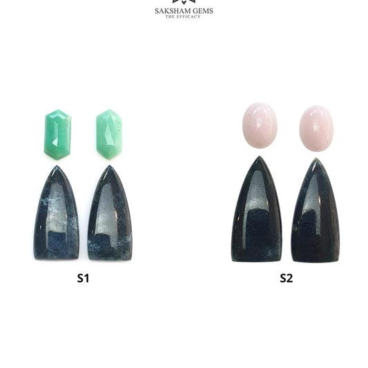 Moss Agate Chrysoprase & Opal Gemstone Step Cut Cabochon : Natural Untreated Bi-Color Agate Triangle Olav Shape 4pcs Set