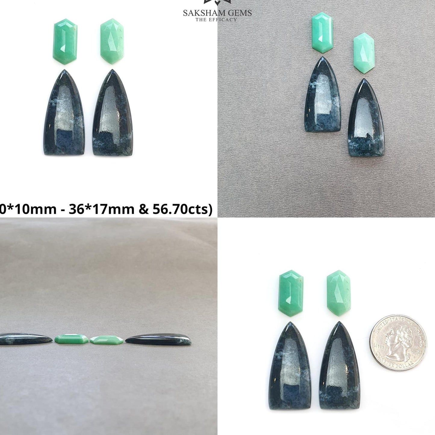 Moss Agate Chrysoprase & Opal Gemstone Step Cut Cabochon : Natural Untreated Bi-Color Agate Triangle Olav Shape 4pcs Set