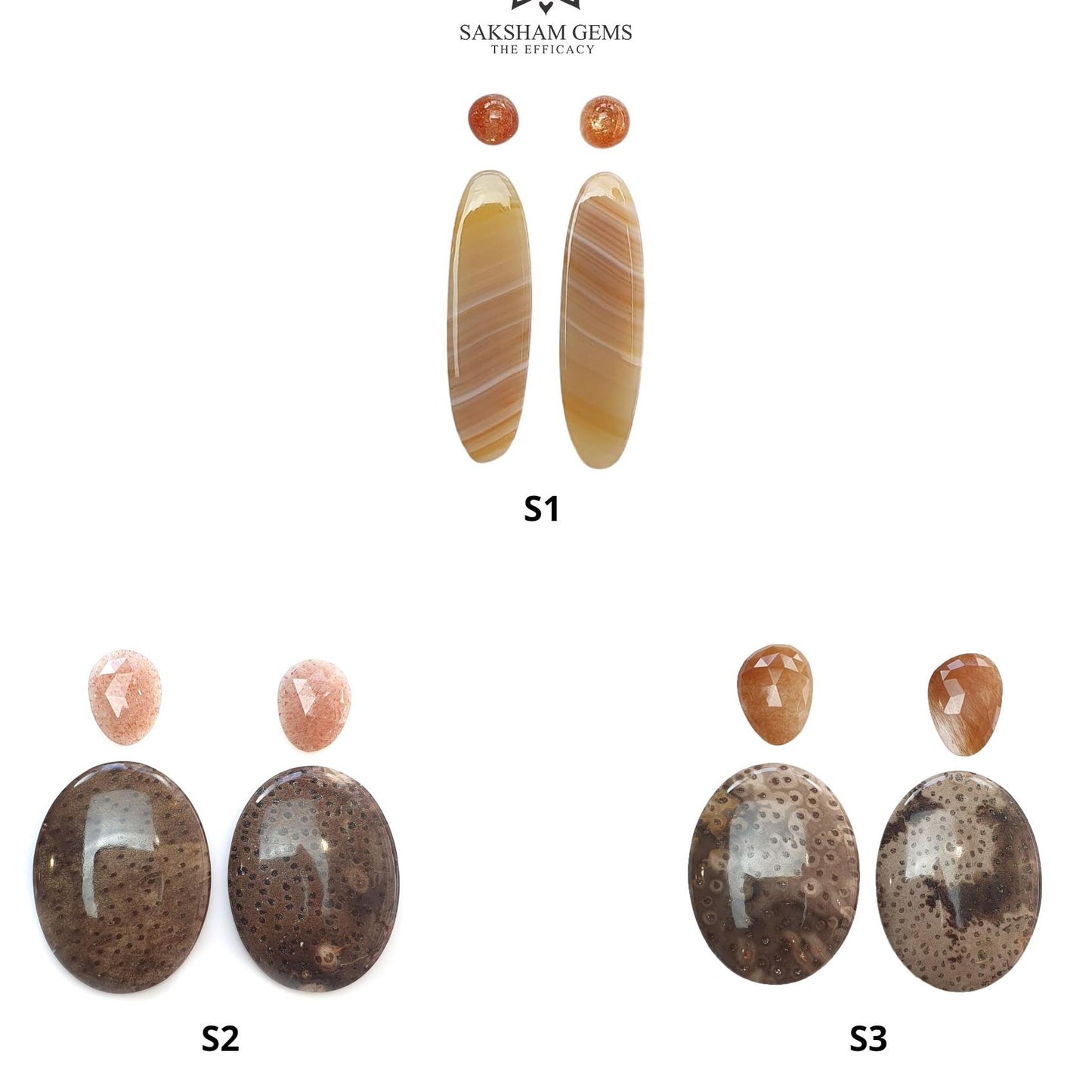 Botswana Agate Sunstone & Peach Moonstone Gemstone Rose Cut Cabochon : Natural Untreated Bi-Color Agate Egg Oval Shape 4pcs Set