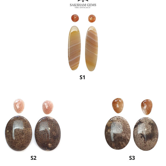 Botswana Agate Sunstone & Peach Moonstone Gemstone Rose Cut Cabochon : Natural Untreated Bi-Color Agate Egg Oval Shape 4pcs Set