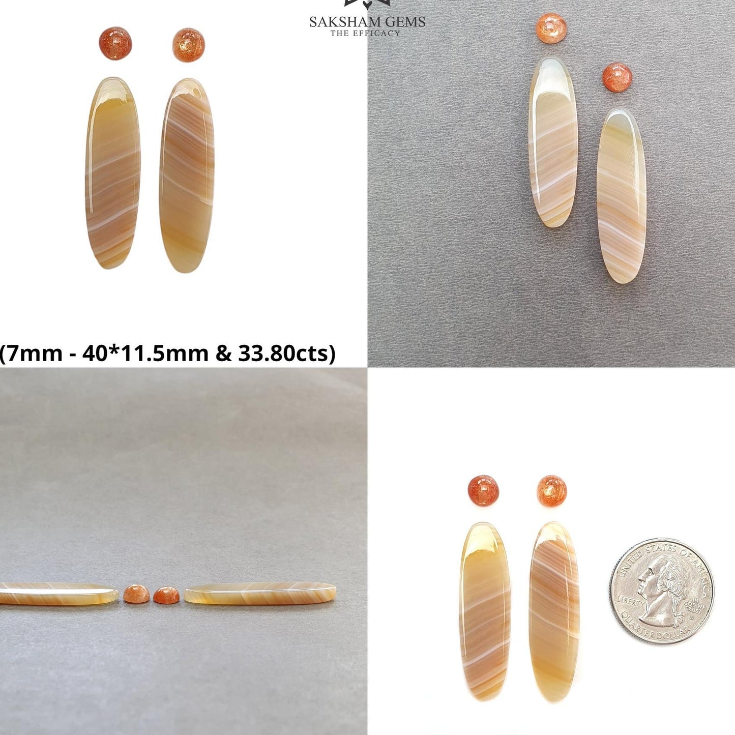 Botswana Agate Sunstone & Peach Moonstone Gemstone Rose Cut Cabochon : Natural Untreated Bi-Color Agate Egg Oval Shape 4pcs Set